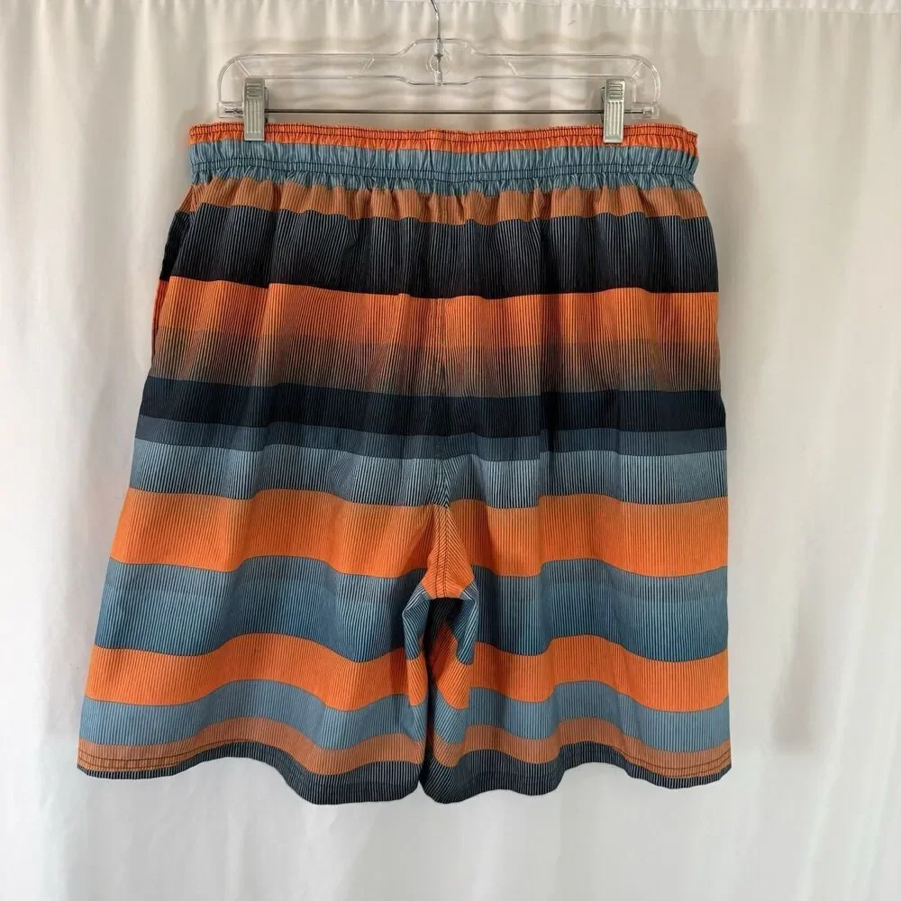 Nike Swim Trunks Men's XXL Orange Blue Striped Drawstring Lined Pockets Elastic